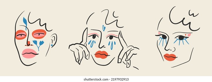 Hand drawn girls with bright makeup, colorful poster set. Vector illustration, poster, print design, graphic style.