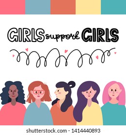 Hand drawn girls with lettering motivating phrase girls support girls about feminism and women, isolated on white background. Motivating illustration for stickers, print on clothes, posters.