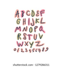 Hand Drawn Girly Brush Color Font And Numbers Set. ABC, Alphabet. Clipart, Isolated Letters And Decor Elements