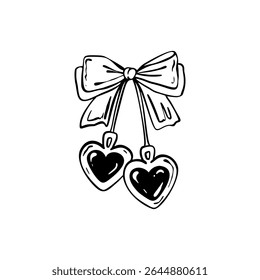 Mão desenhado feminino cereja dois corações com coquetel bonito arco de fita. Impressão retroativa do dia dos namorados. Vintage amor gaveta doodle ilustração vetor. Casamento de meninas, aniversário, convite de despedida de solteira