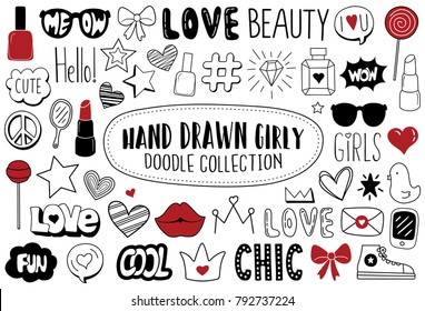 Hand Drawn Girly Icon Set. Doodle Stickers Elements.