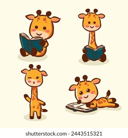 hand drawn girrafe cute reading a book