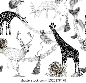 hand drawn girrafes, deers, butterflies, chain elements, palm leaves on white background, seamless vector pattern