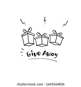 Hand Drawn Giveaway For Promo In Social Network, Advertizing Of Giving Present, Like Or Repost Isolated Icon Vector. Business Account, Gift Box, Winner. Social Media Post, Surprise Package Doodle