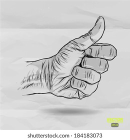 hand drawn of  hand giving a thumbs up on crumpled paper background