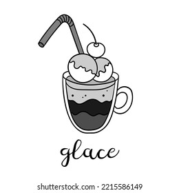 Hand drawn glace coffee cup with lettering. Vector doodle illustration isolated on white. Perfect for menu designs for cafes, restaurants, coffeehouses and coffee shops.