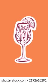 Hand Drawn Glass of Aperol Spritz Cocktail. Drawing of a Summer Alcohol Drink on Bright Orange Background. Speakeasy Classic Bar Cocktails.