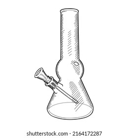 Esbozo vectorial del bong de vidrio dibujado a mano aislado sobre fondo blanco. Dispositivo para fumar cannabis. Hookah por la marihuana.