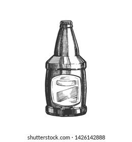 Hand Drawn Glass Bottle With Blank Label Vector. Ink Design Sketch Vintage Bottle Of Alcoholic Froth Drink Lager Or Ale. Concept Monochrome Package With Blank Label Template Cartoon Illustration