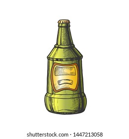 Hand Drawn Glass Bottle With Blank Label Vector. Ink Design Sketch Vintage Bottle Of Alcoholic Froth Drink Lager Or Ale. Concept Color Package With Blank Label Template Cartoon Illustration