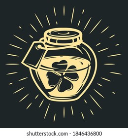 Hand drawn glass bottle with clover in cartoon vintage style isolated on black background. Vector art illustration.
