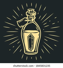 Hand drawn glass bottle with crystal in cartoon vintage style isolated on black background. Vector art illustration.