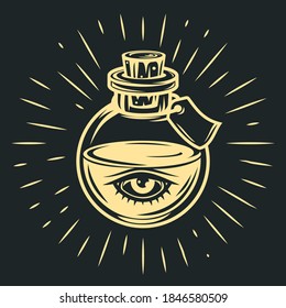 Hand drawn glass bottle with eye in cartoon vintage style isolated on black background. Vector art illustration.