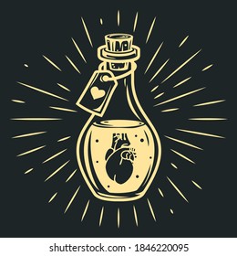 Hand drawn glass bottle with heart in cartoon vintage style isolated on black background. Vector art illustration.