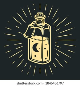 Hand drawn glass bottle with moon and stars in cartoon vintage style isolated on black background. Vector art illustration.