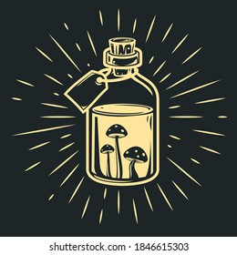 Hand drawn glass bottle with mushrooms in cartoon vintage style isolated on black background. Vector art illustration.