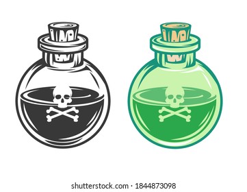 Hand drawn glass bottle with poison in cartoon vintage style isolated on white background. Vector illustration.