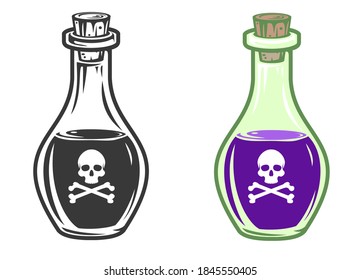 Hand drawn glass bottle with poison in cartoon vintage style isolated on white background. Vector illustration.