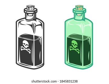 Hand drawn glass bottle with poison in cartoon vintage style isolated on white background. Vector illustration.