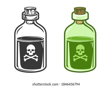 Hand drawn glass bottle and poison in cartoon vintage style isolated white background  Vector illustration 