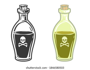 Hand drawn glass bottle with poison in cartoon vintage style isolated on white background. Vector illustration.