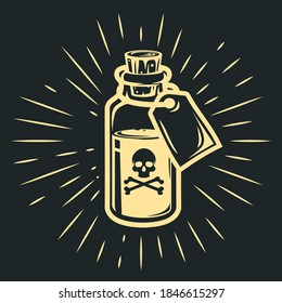Hand drawn glass bottle with poison in cartoon vintage style isolated on black background. Vector illustration.