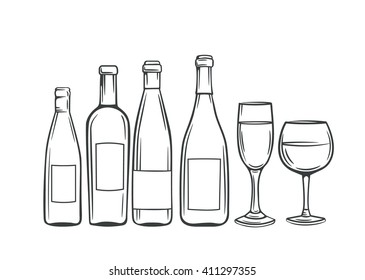 Hand drawn glass  bottles and glasses of wine. Decorative vector icons bottles and glasses. 