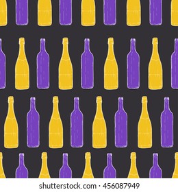 Hand drawn glass bottles seamless pattern. Champagne and wine bottles pattern