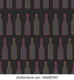 Hand drawn glass bottles seamless pattern. Champagne and wine bottles pattern