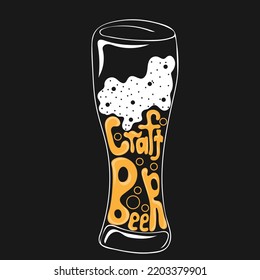 Hand drawn glass of craft beer and lettering text. Alcoholic vector illustration. Contour element
