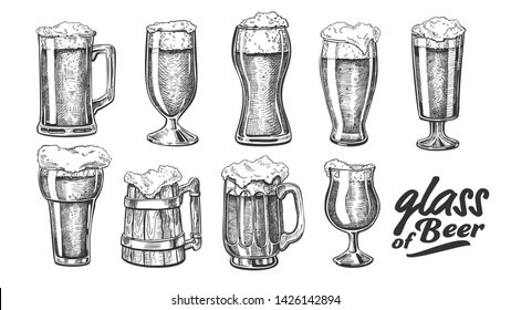 Hand Drawn Glass With Foam Bubble Beer Set Vector. Glass And Wooden Goblet With Alcoholic Cold Beverage Light Lager Or Ale. Closeup Monochrome Tavern Mug With Drink Template Cartoon Illustration