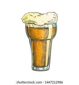 Hand Drawn Glass With Foam Bubble Drink Vector. Glass With Pint Of Alcoholic Fresh Cold Beverage Dark Lager In Pub. Oktoberfest Color Mockup Cartoon Illustration
