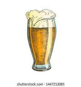 Hand Drawn Glass With Foam Bubble Beer Vector. Glass With Alcoholic Fresh Cold Beverage Light Lager For Relaxation Evening. Closeup Color Template Cartoon Illustration