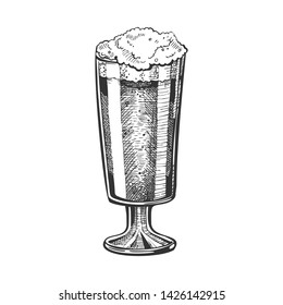 Hand Drawn Glass With Froth Bubble Beer Vector. Glass With Alcoholic Craft Frosty Light Lager Drink For Relaxation Time. Closeup Monochrome Black And White Template Cartoon Illustration
