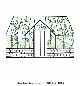 Hand drawn glass greenhouse with plants. Vector illustration. Isolated on white background. Garden greenhouse