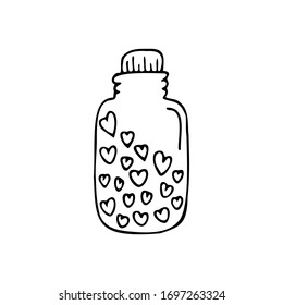 Hand drawn glass jar filled with hearts isolated on a white background. Doodle, simple outline illustration. It can be used for decoration of textile, paper.