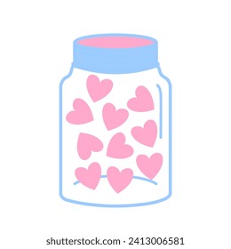 Hand drawn glass jar full of pink hearts with the lid clipart doodle illustration. Valentine's Day sticker illustration 