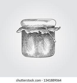 Hand Drawn Glass jar of honey Sketch Symbol isolated on white background. Vector Honey In Trendy Style. Honey hand drawing sketches elements