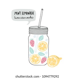 Hand drawn glass jar with lemonade made of lemon slices, strawberry fruit, mint and elderflower. Speech bubble with handwritten text. Vector doodle illustration, sketch.