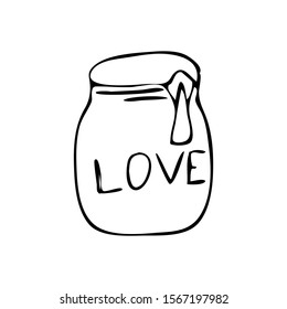 Hand drawn glass jar with word love. Simple vector illustration for design Valentines day or other occasion.