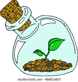 Hand drawn glass jar with a young sprout. Bank closed with a wooden stopper. Vector illustration of a young plant in a closed glass jar. 