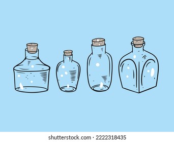 Las jarras de vidrio dibujadas a mano establecen objetos de estilo doodle ilustraciones vectoriales aisladas en fondo azul.