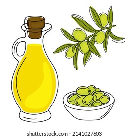 Hand drawn glass jug of olive oil and green olives isolated on a white background. Vector illustration.