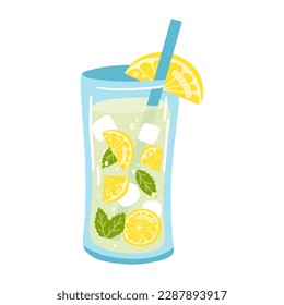 Hand drawn glass of lemonade with sliced lemons and mint. Vector illustration of refreshing beverage, fresh tasty summer drink