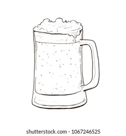 Hand drawn glass mug of craft beer with foam isolated on white background. Fresh beer sketch vector illustartion.