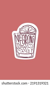 Hand Drawn Glass of Negroni Cocktail. Drawing of a Summer Alcohol Drink on Maroon Background. Speakeasy Classic Bar Cocktails.
