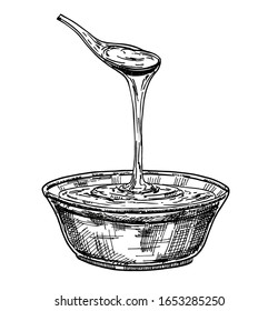 Hand drawn glass plate full of honey isolated on white. Vector sketch for beekeeping and apiculture farm. Sketch. Bee sweet natural product. Honey dripping from a spoon.