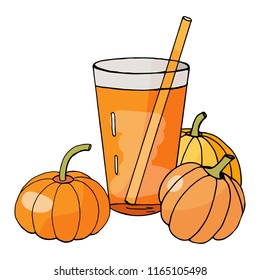 Hand drawn glass with pumpkin juice and pumpkins on white background