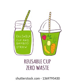 Hand drawn glass with smoothies for Zero waste lifestyle,  green detox. Organic fruit shake cocktail. Eco ingredients. Vector illustration for restaurant, bar, menu.