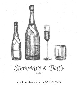 hand drawn glass stemware bottle